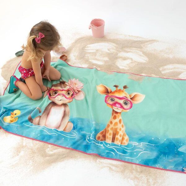 Toalla de playa infantil Jirafa y Monito Kiokids